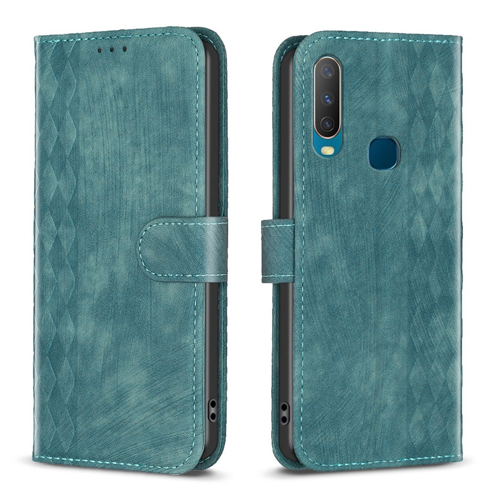 For vivo Y17 Case - Embossed Plaid Leather Wallet Cover with Card Slots, Kickstand, and 360 degree Protection