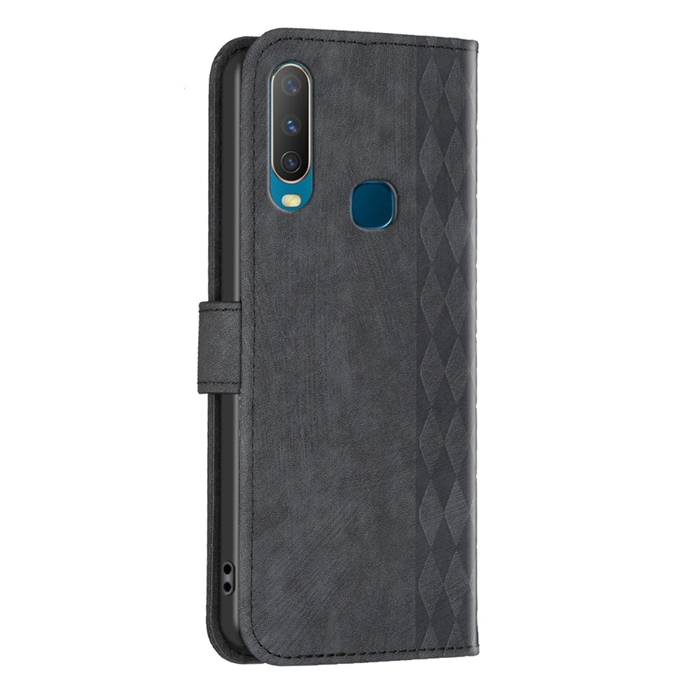 For vivo Y17 Case - Embossed Plaid Leather Wallet Cover with Card Slots, Kickstand, and 360 degree Protection