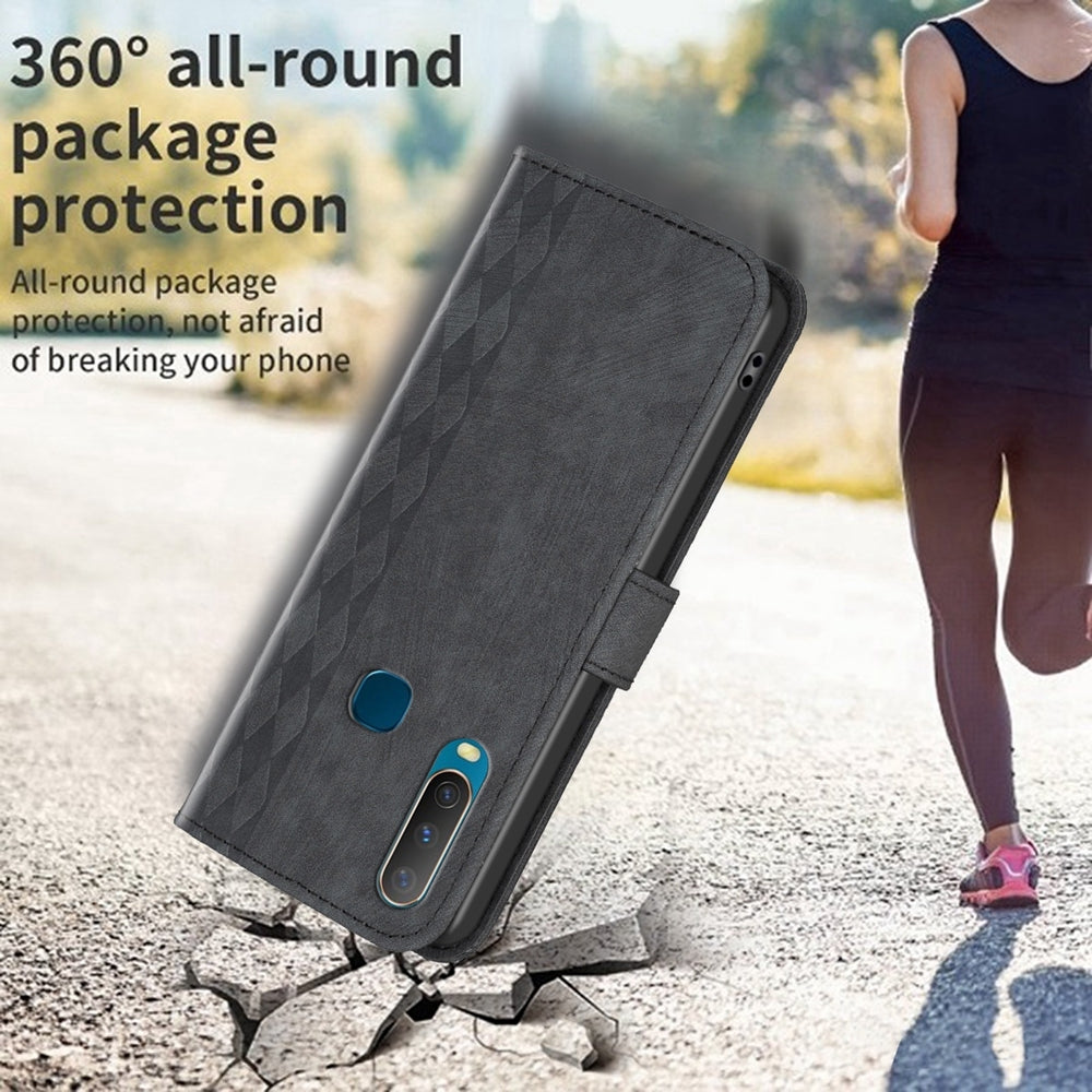 For vivo Y17 Case - Embossed Plaid Leather Wallet Cover with Card Slots, Kickstand, and 360 degree Protection