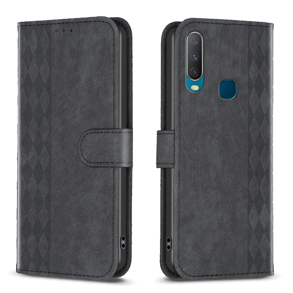 For vivo Y17 Case - Embossed Plaid Leather Wallet Cover with Card Slots, Kickstand, and 360 degree Protection