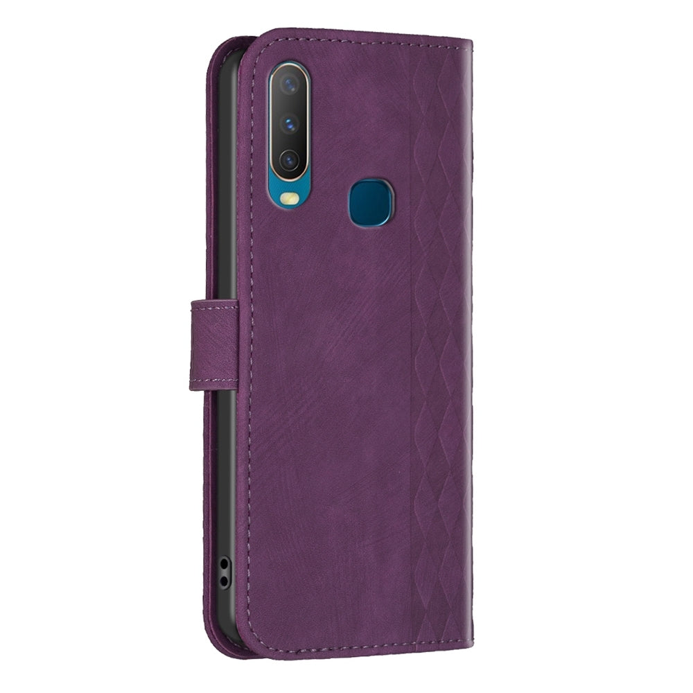 For vivo Y17 Case - Embossed Plaid Leather Wallet Cover with Card Slots, Kickstand, and 360 degree Protection