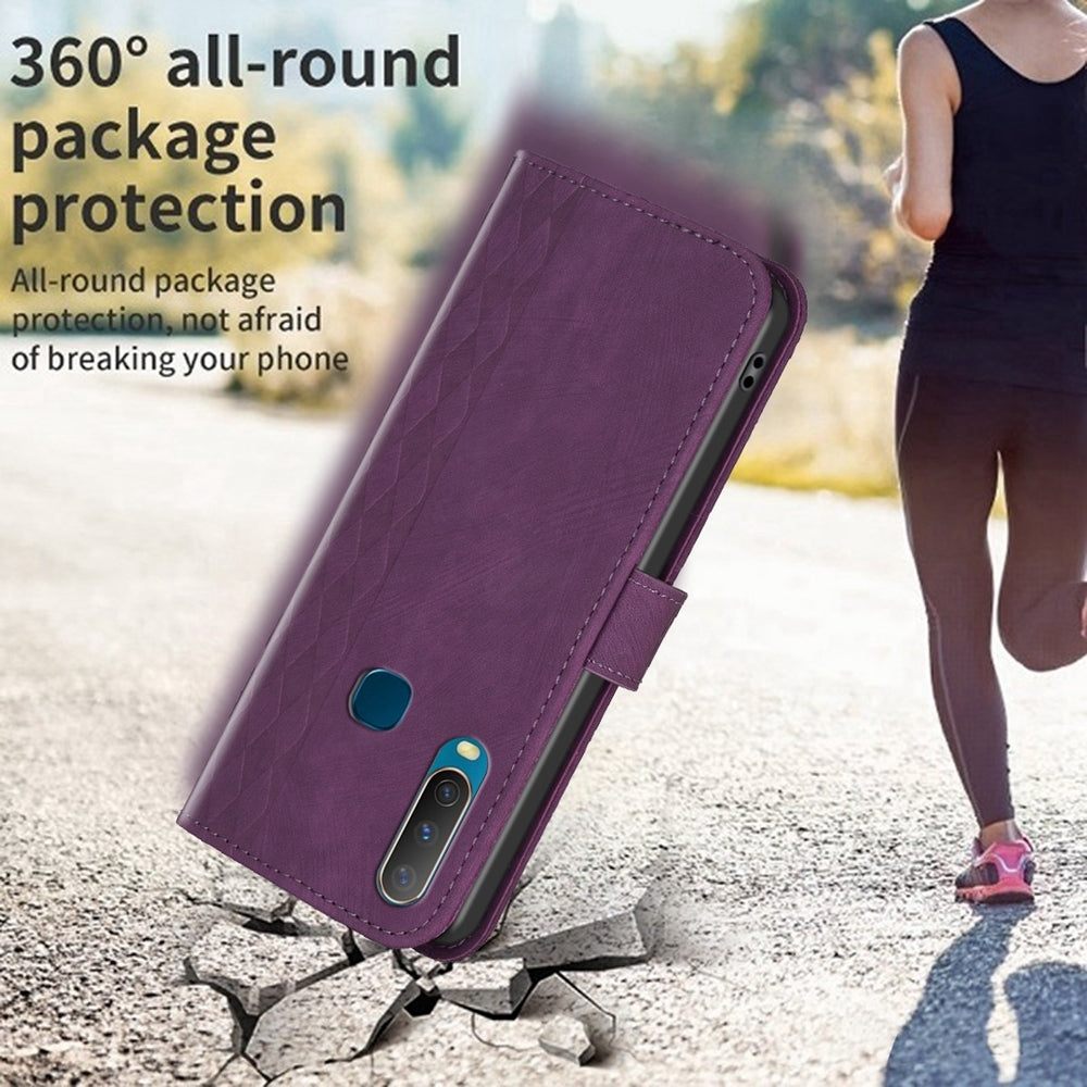 For vivo Y17 Case - Embossed Plaid Leather Wallet Cover with Card Slots, Kickstand, and 360 degree Protection