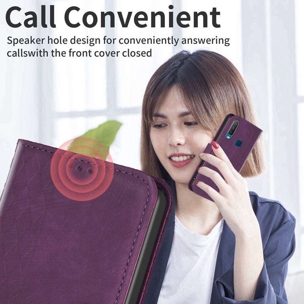 For vivo Y17 Case - Embossed Plaid Leather Wallet Cover with Card Slots, Kickstand, and 360 degree Protection