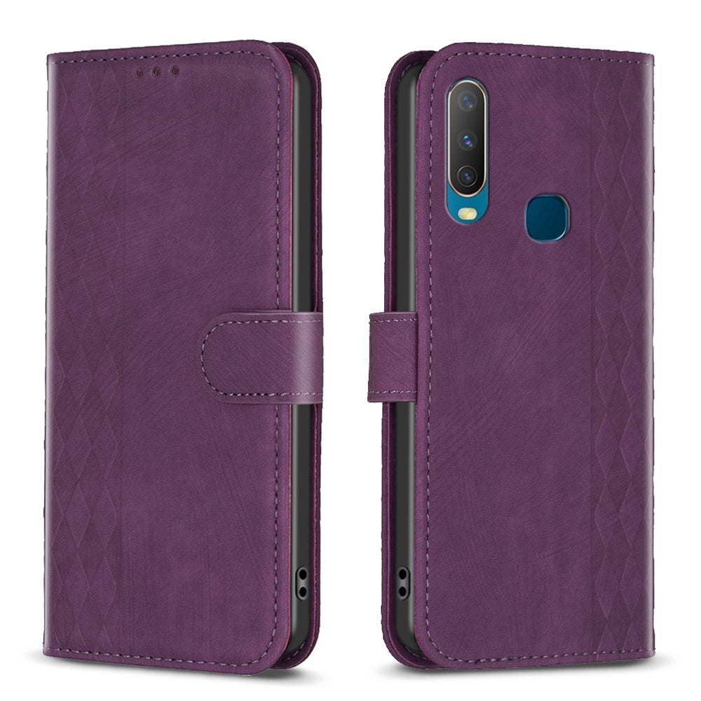 For vivo Y17 Case - Embossed Plaid Leather Wallet Cover with Card Slots, Kickstand, and 360 degree Protection