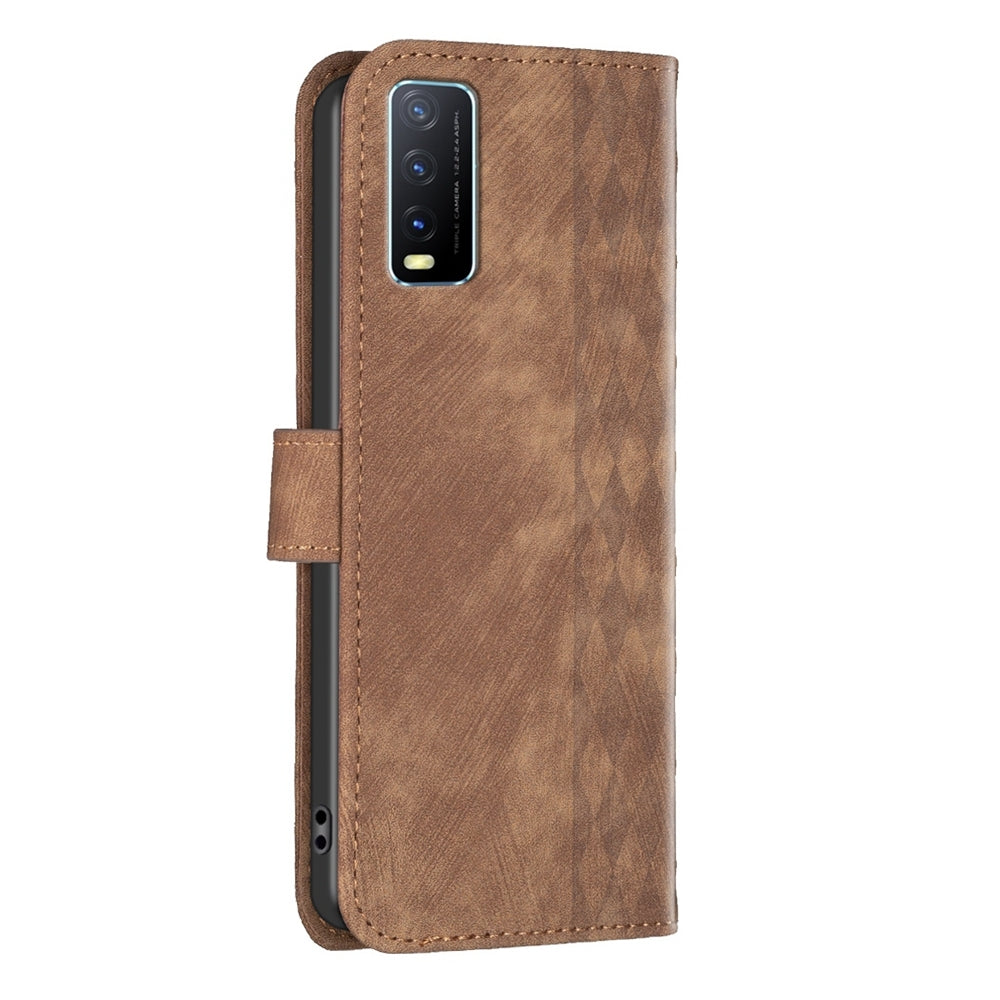 For vivo Y20 Case - Embossed Plaid Leather Wallet Cover with Card Slots, Kickstand, and 360 degree Protection