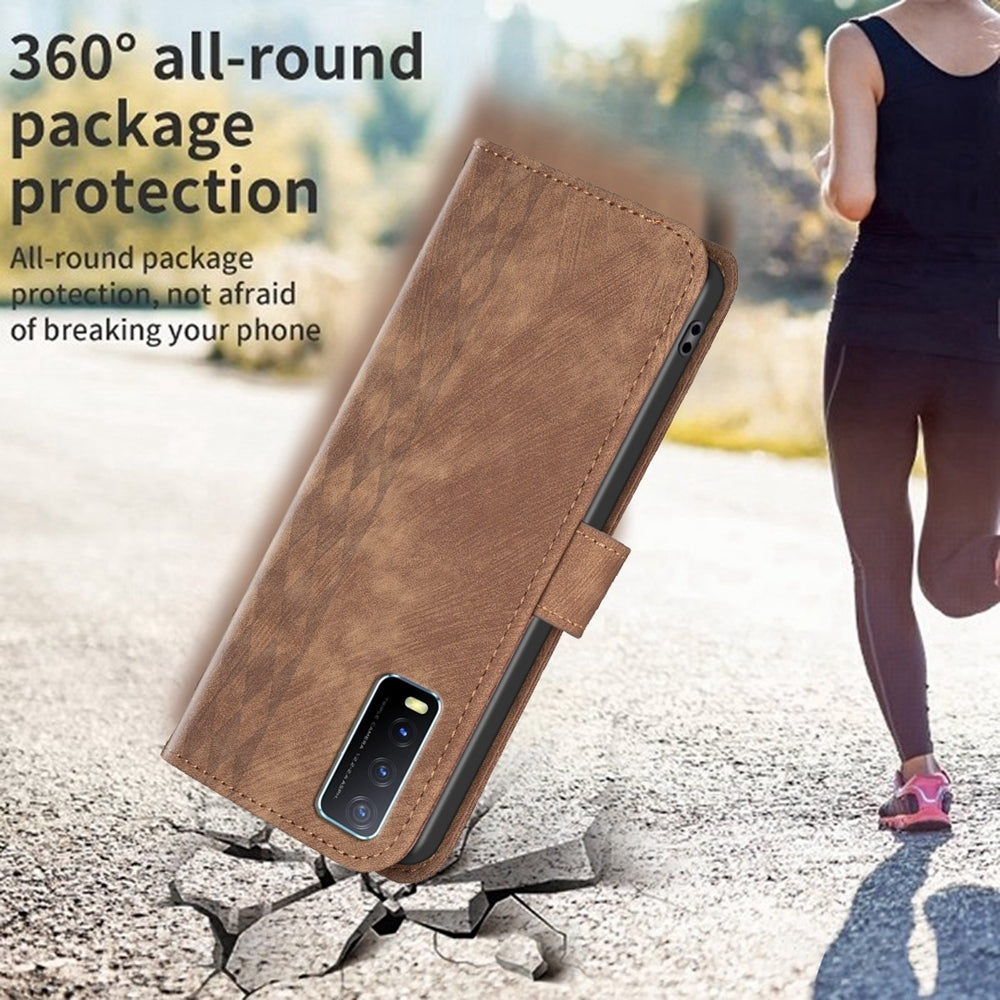 For vivo Y20 Case - Embossed Plaid Leather Wallet Cover with Card Slots, Kickstand, and 360 degree Protection