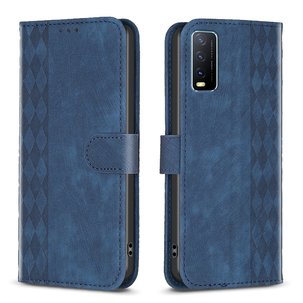 For vivo Y20 Case - Embossed Plaid Leather Wallet Cover with Card Slots, Kickstand, and 360 degree Protection