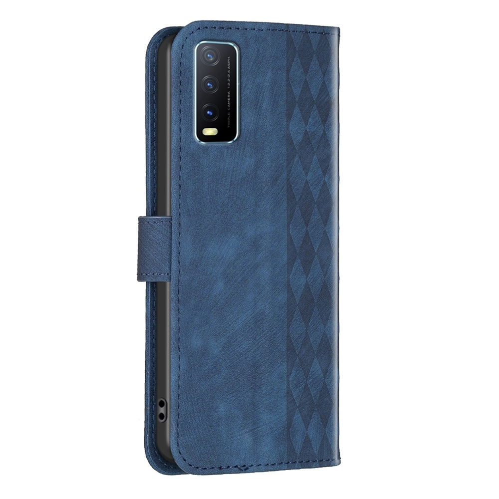 For vivo Y20 Case - Embossed Plaid Leather Wallet Cover with Card Slots, Kickstand, and 360 degree Protection
