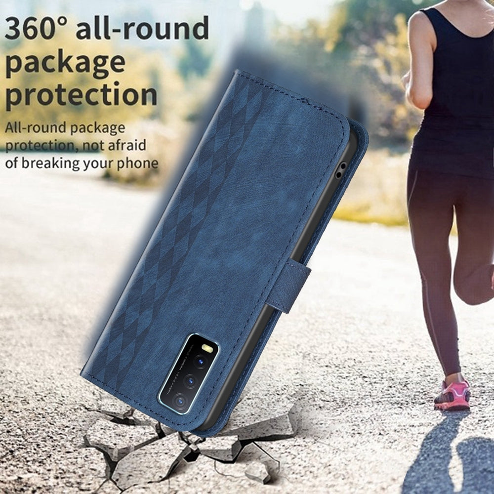 For vivo Y20 Case - Embossed Plaid Leather Wallet Cover with Card Slots, Kickstand, and 360 degree Protection
