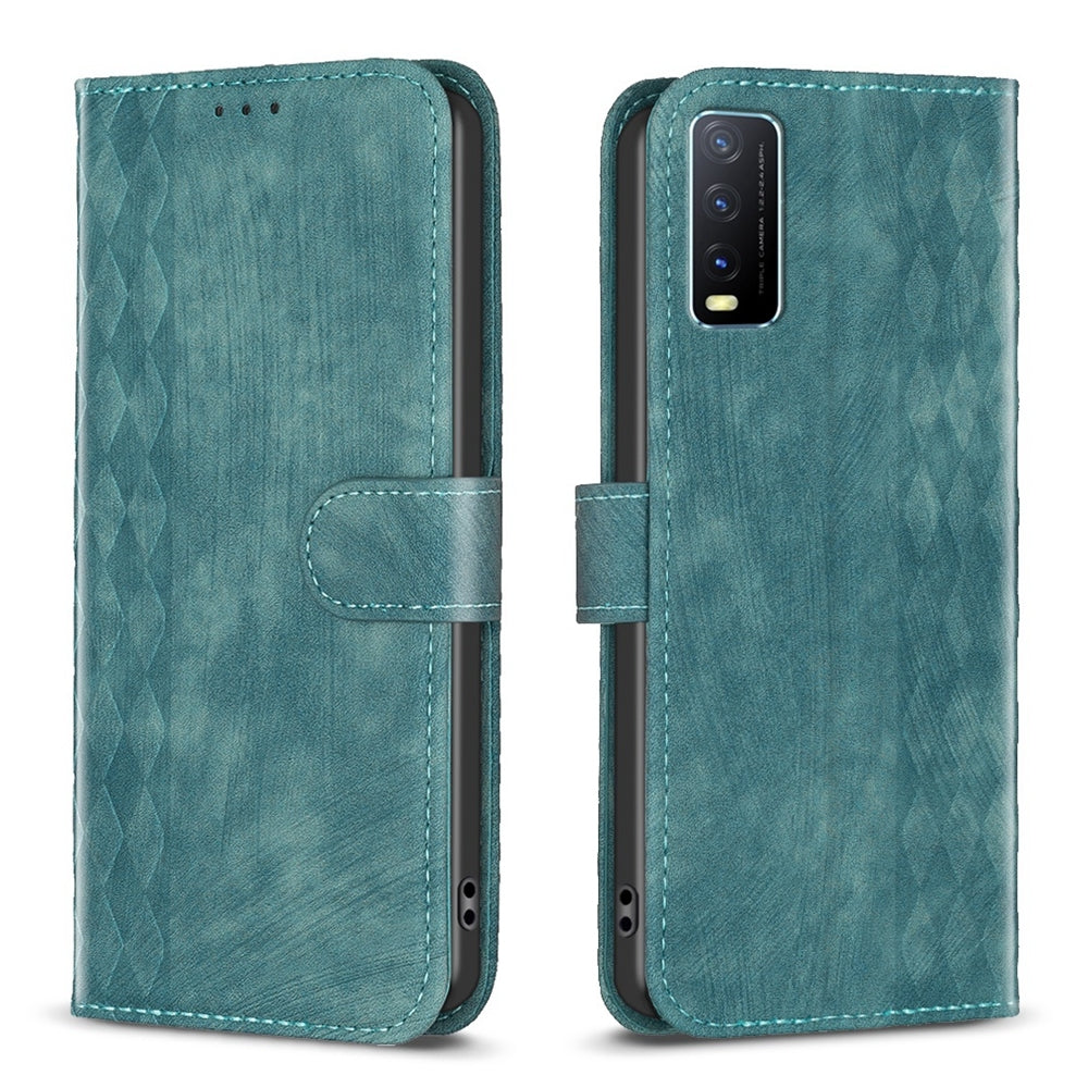 For vivo Y20 Case - Embossed Plaid Leather Wallet Cover with Card Slots, Kickstand, and 360 degree Protection