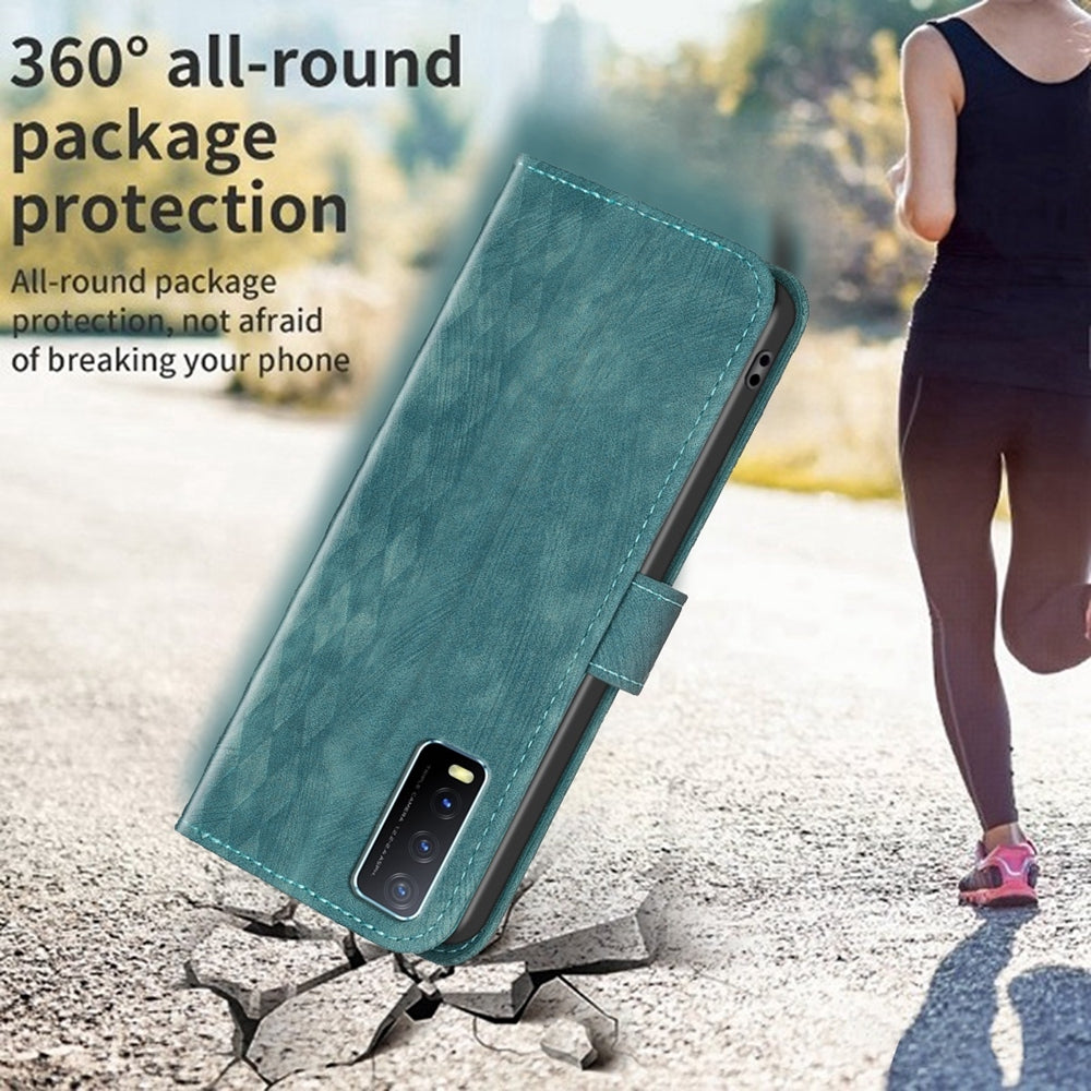 For vivo Y20 Case - Embossed Plaid Leather Wallet Cover with Card Slots, Kickstand, and 360 degree Protection