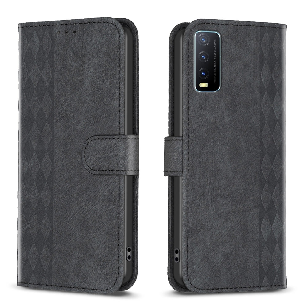 For vivo Y20 Case - Embossed Plaid Leather Wallet Cover with Card Slots, Kickstand, and 360 degree Protection