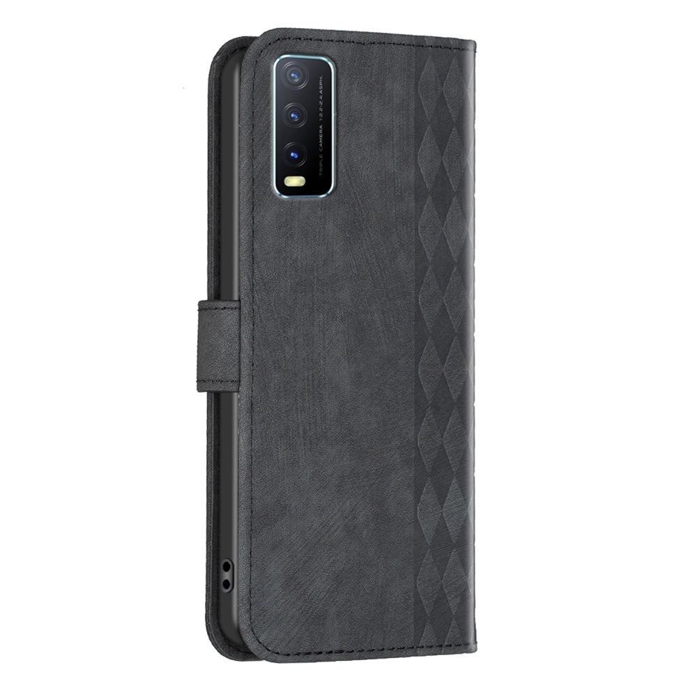 For vivo Y20 Case - Embossed Plaid Leather Wallet Cover with Card Slots, Kickstand, and 360 degree Protection