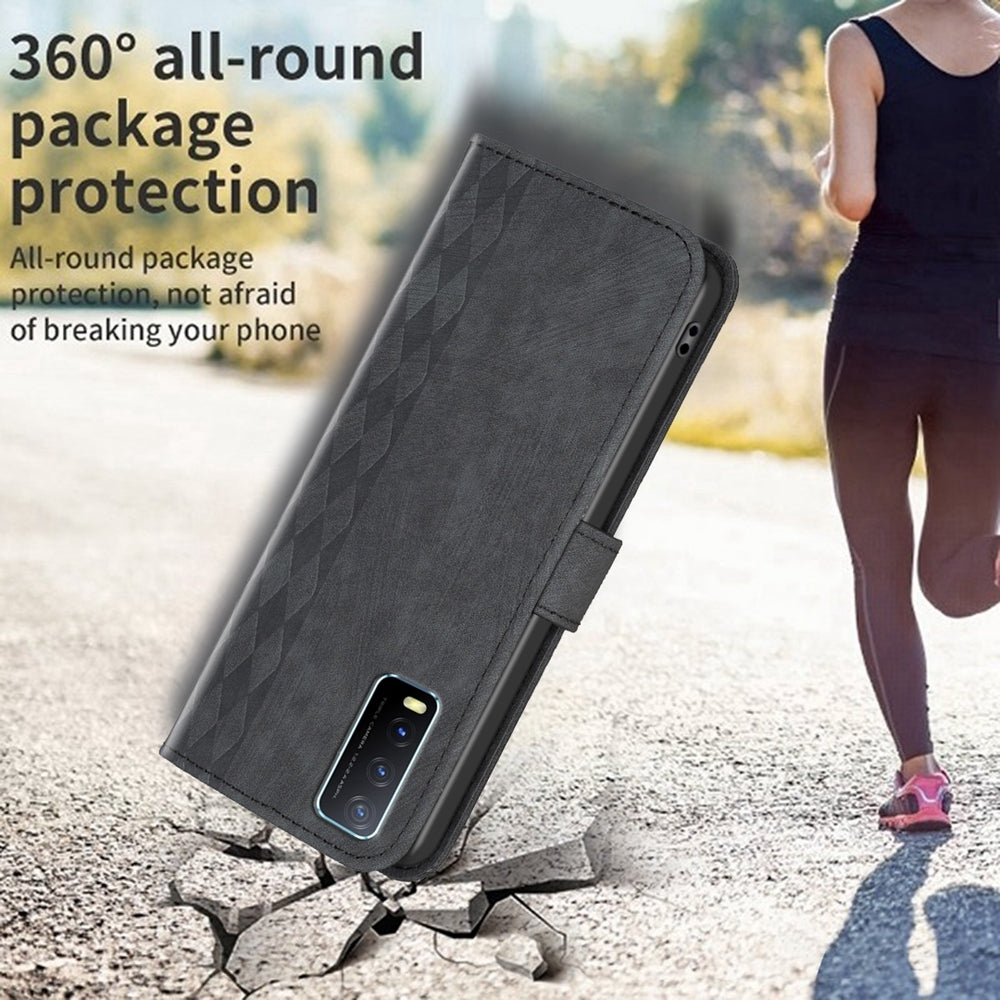 For vivo Y20 Case - Embossed Plaid Leather Wallet Cover with Card Slots, Kickstand, and 360 degree Protection