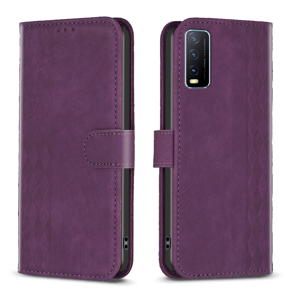 For vivo Y20 Case - Embossed Plaid Leather Wallet Cover with Card Slots, Kickstand, and 360 degree Protection