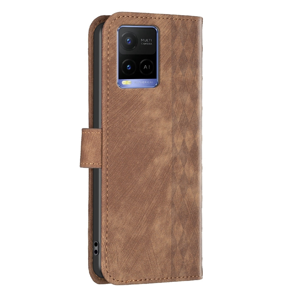 For vivo Y31s Case - Embossed Plaid Leather Wallet Cover with Card Slots, Kickstand, and 360 degree Protection