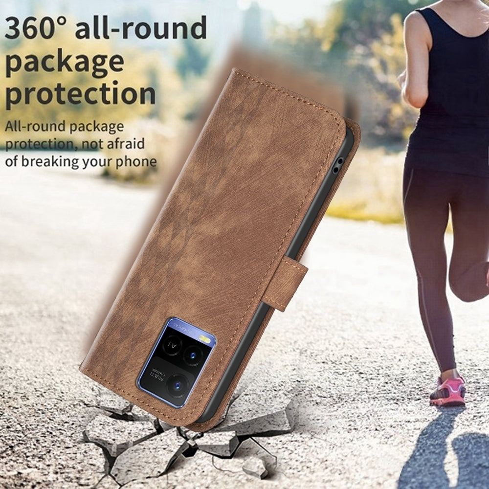 For vivo Y31s Case - Embossed Plaid Leather Wallet Cover with Card Slots, Kickstand, and 360 degree Protection