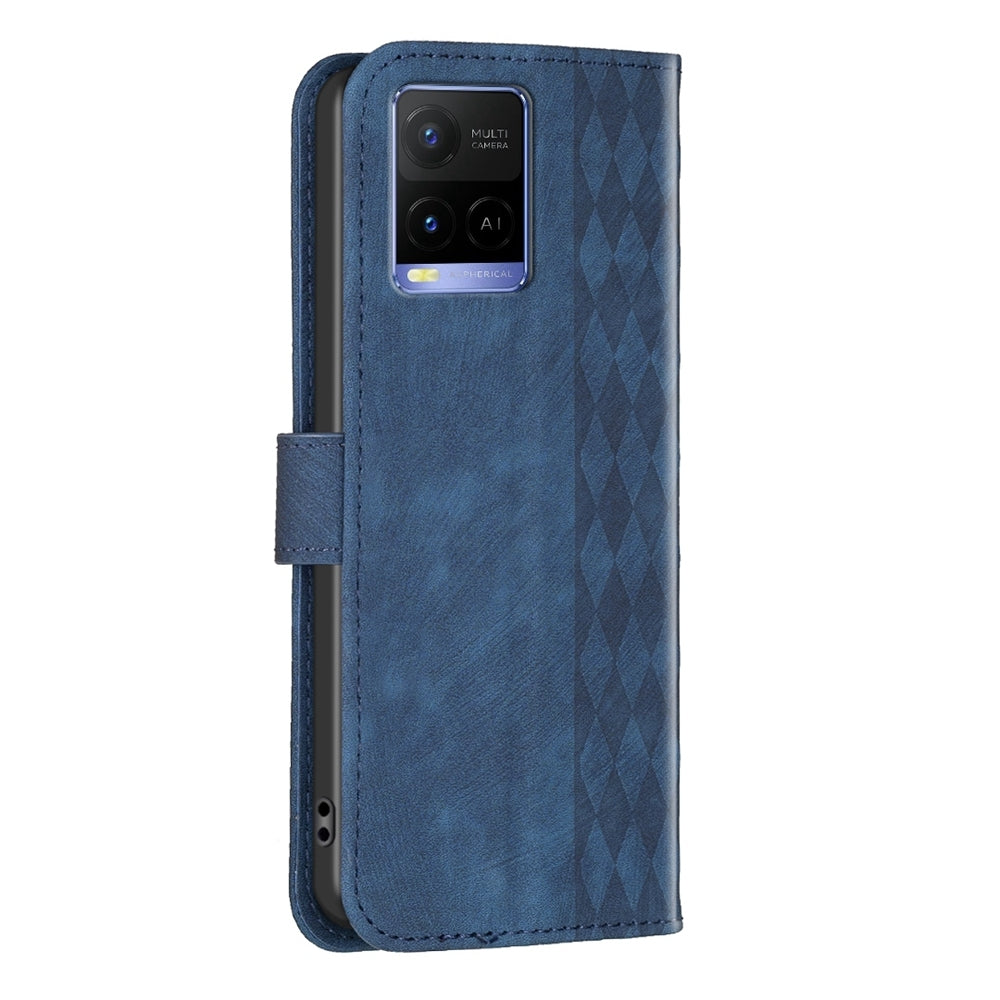 For vivo Y31s Case - Embossed Plaid Leather Wallet Cover with Card Slots, Kickstand, and 360 degree Protection