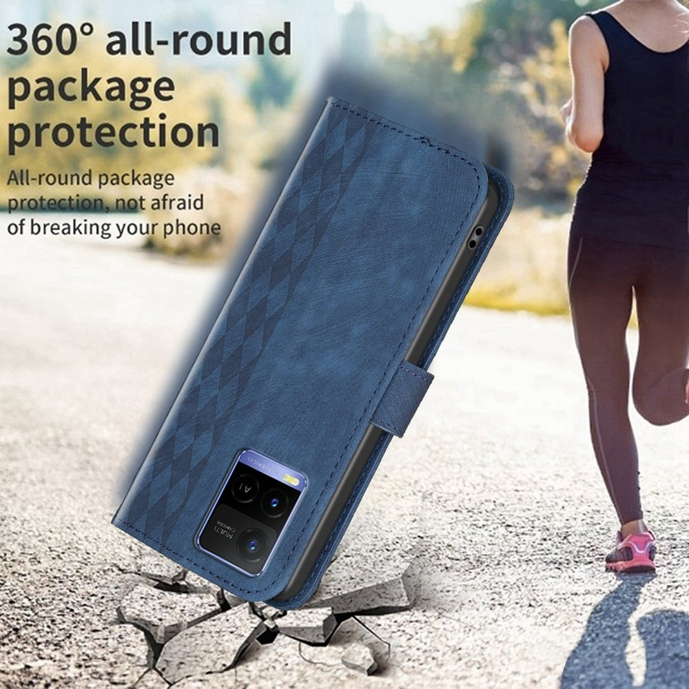 For vivo Y21 Case - Embossed Plaid Leather Wallet Cover with Card Slots, Kickstand, and 360 degree Protection