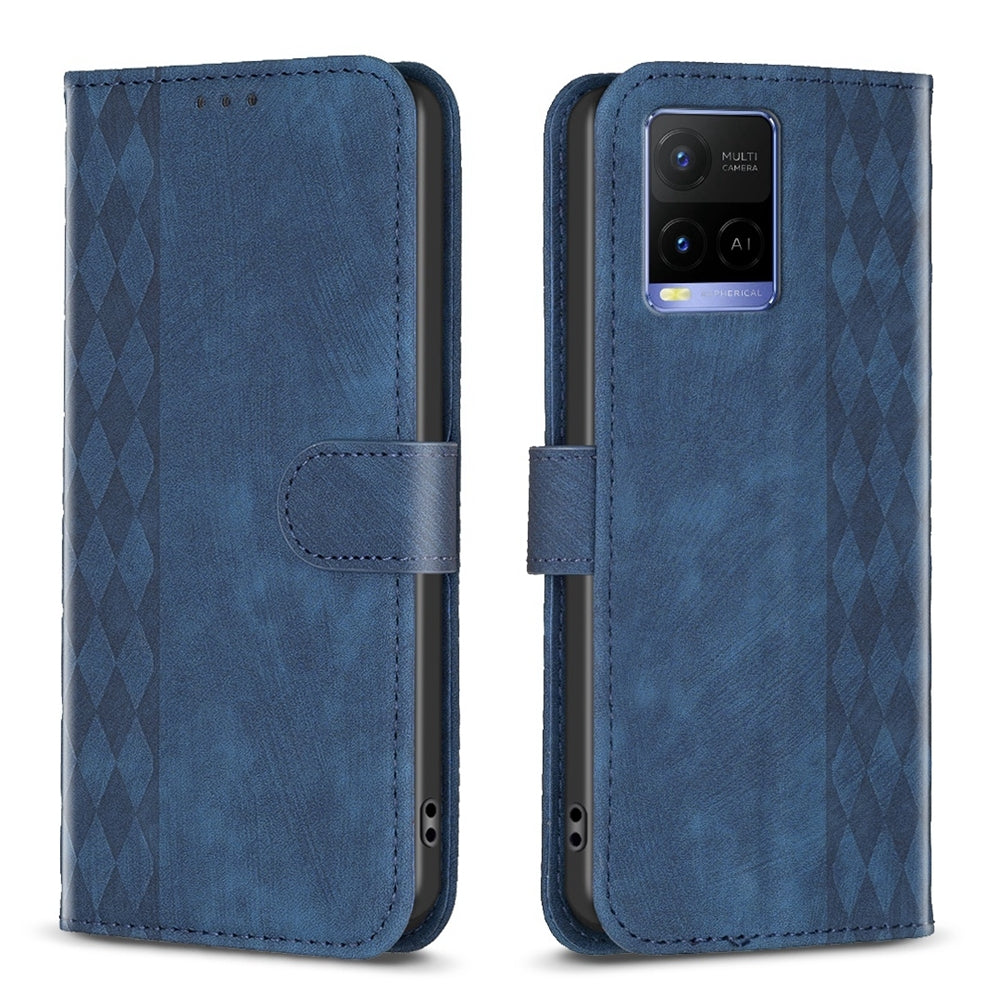 For vivo Y31s Case - Embossed Plaid Leather Wallet Cover with Card Slots, Kickstand, and 360 degree Protection