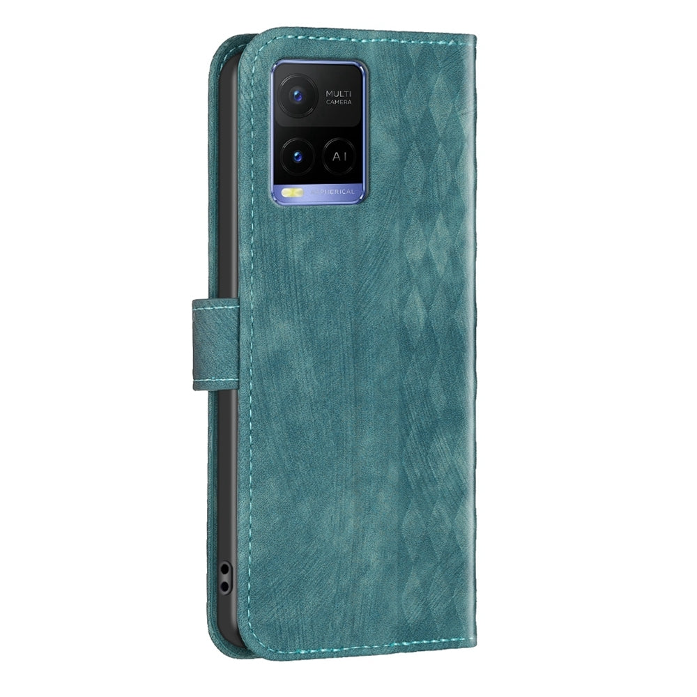 For vivo Y31s Case - Embossed Plaid Leather Wallet Cover with Card Slots, Kickstand, and 360 degree Protection