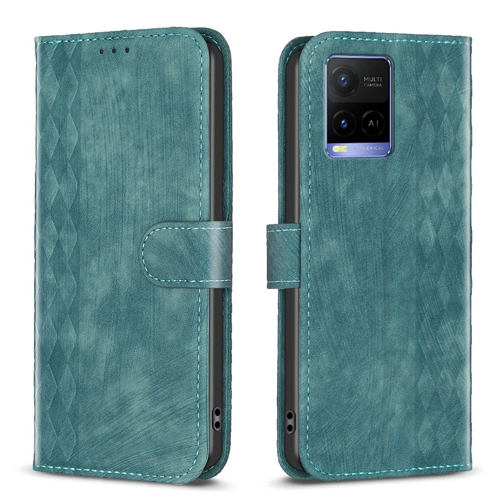 For vivo Y31s Case - Embossed Plaid Leather Wallet Cover with Card Slots, Kickstand, and 360 degree Protection