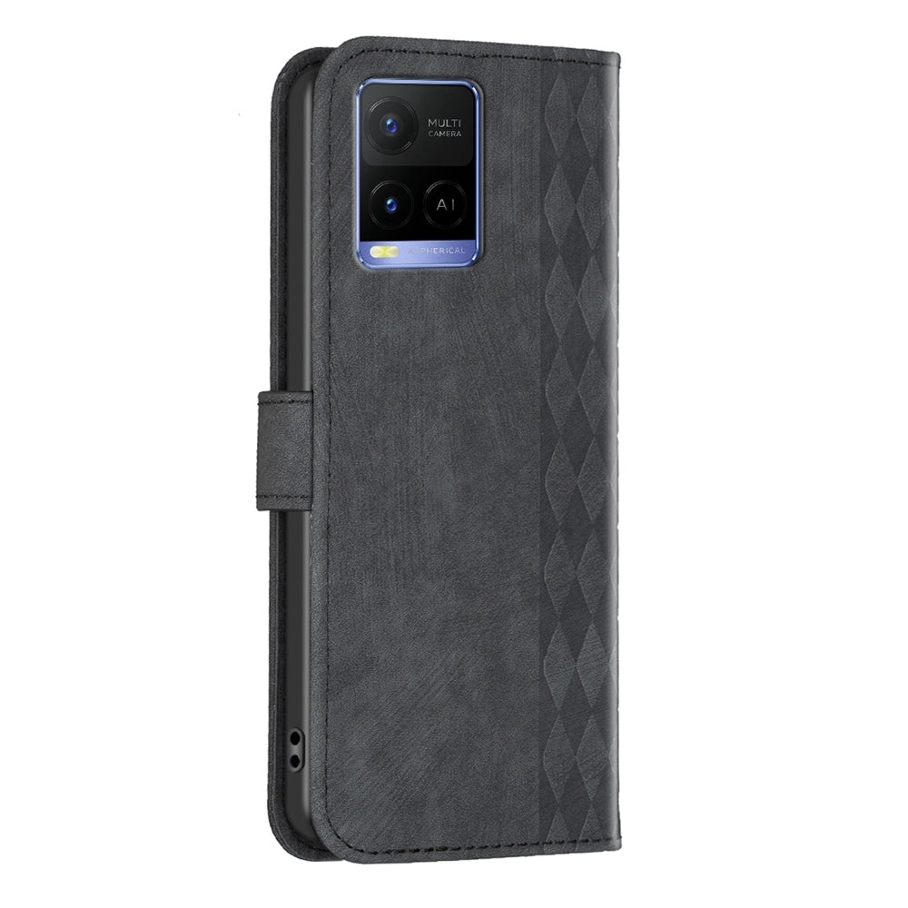 For vivo Y31s Case - Embossed Plaid Leather Wallet Cover with Card Slots, Kickstand, and 360 degree Protection