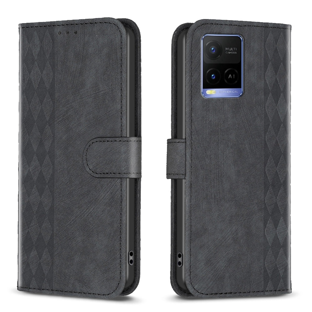 For vivo Y31s Case - Embossed Plaid Leather Wallet Cover with Card Slots, Kickstand, and 360 degree Protection
