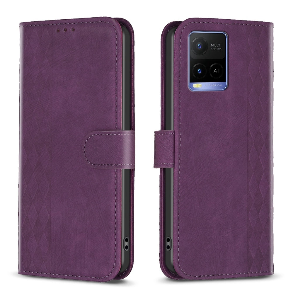 For vivo Y31s Case - Embossed Plaid Leather Wallet Cover with Card Slots, Kickstand, and 360 degree Protection