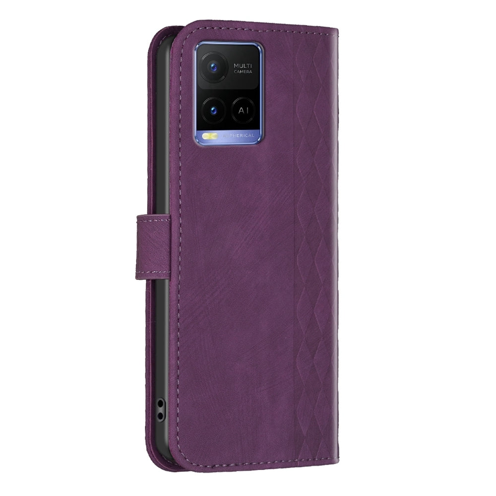 For vivo Y31s Case - Embossed Plaid Leather Wallet Cover with Card Slots, Kickstand, and 360 degree Protection