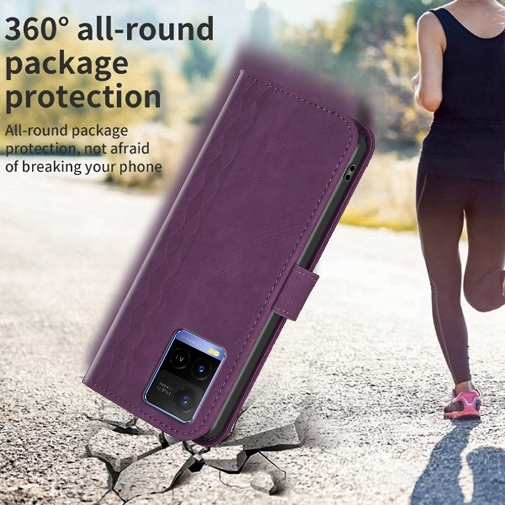 For vivo Y31s Case - Embossed Plaid Leather Wallet Cover with Card Slots, Kickstand, and 360 degree Protection