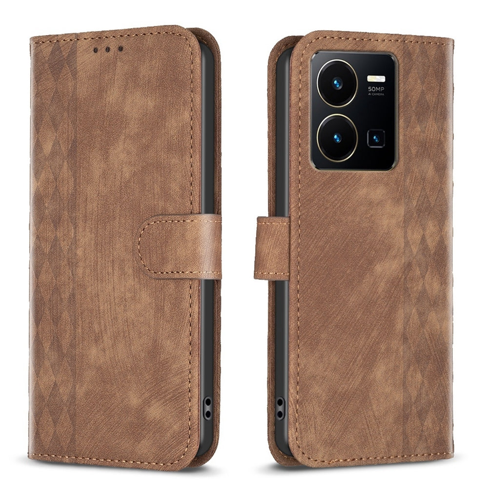 For vivo Y35 4G Case - Embossed Plaid Leather Wallet Cover with Card Slots, Kickstand, and 360 degree Protection