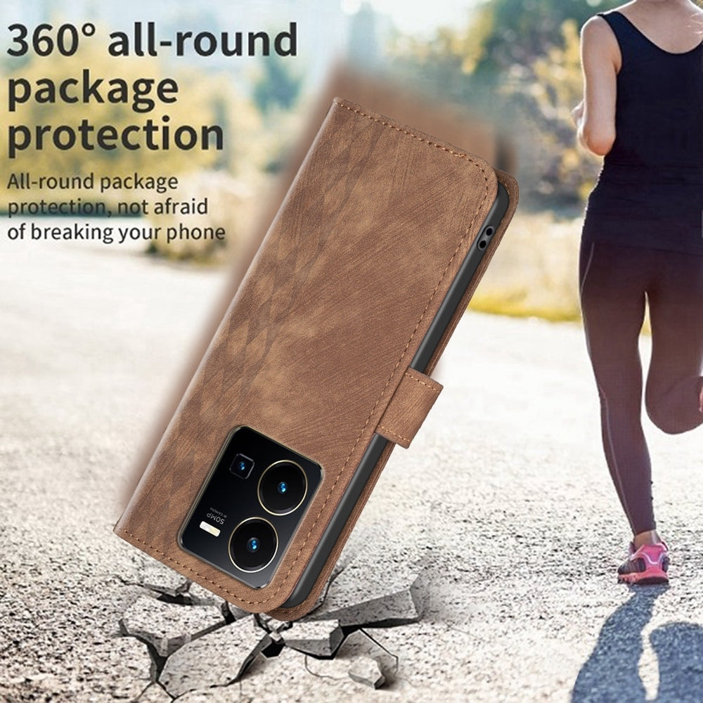 For vivo Y35 4G Case - Embossed Plaid Leather Wallet Cover with Card Slots, Kickstand, and 360 degree Protection