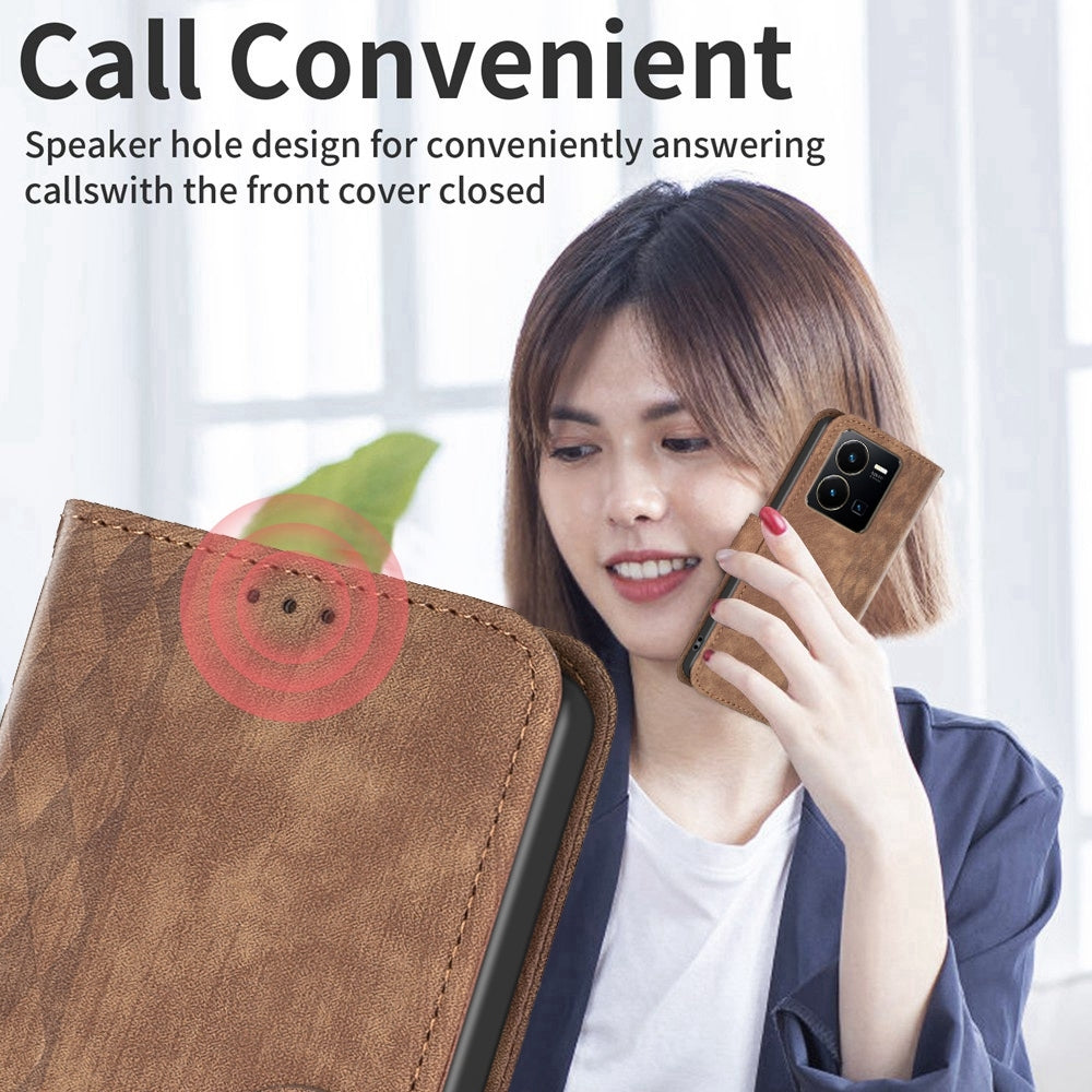 For vivo Y35 4G Case - Embossed Plaid Leather Wallet Cover with Card Slots, Kickstand, and 360 degree Protection