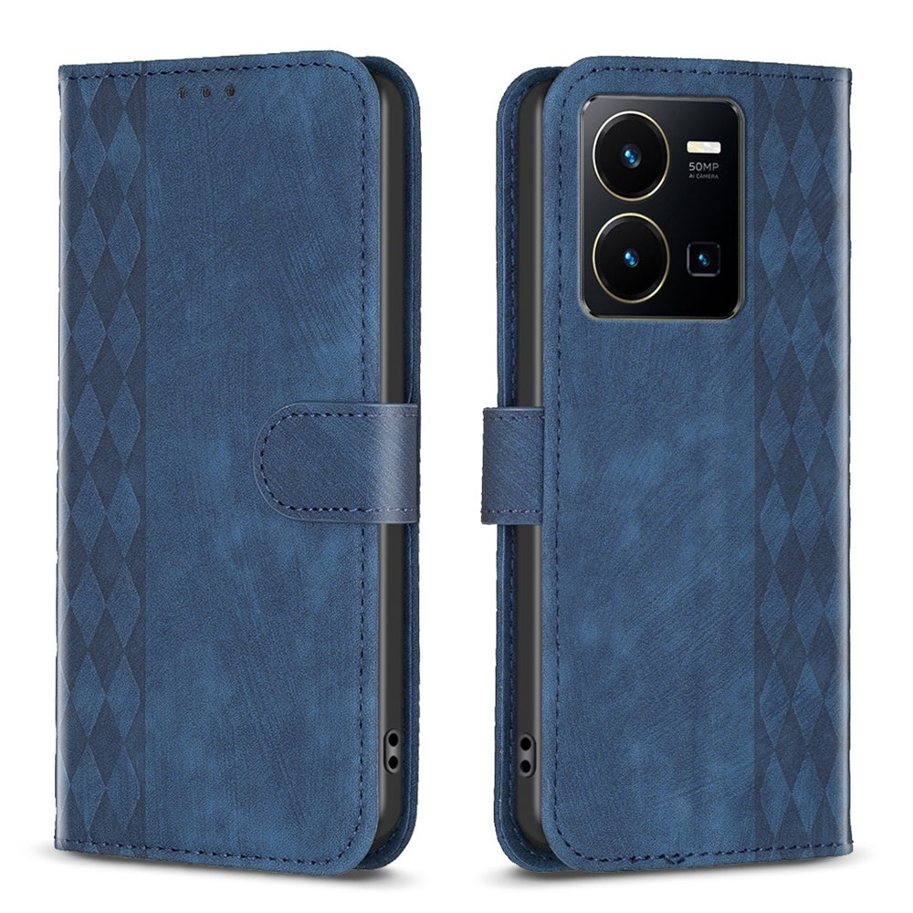 For vivo Y35 4G Case - Embossed Plaid Leather Wallet Cover with Card Slots, Kickstand, and 360 degree Protection