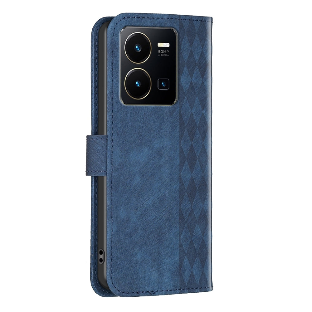 For vivo Y35 4G Case - Embossed Plaid Leather Wallet Cover with Card Slots, Kickstand, and 360 degree Protection