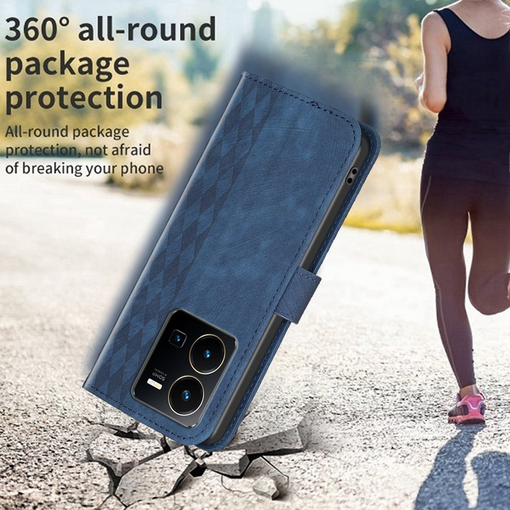 For vivo Y35 4G Case - Embossed Plaid Leather Wallet Cover with Card Slots, Kickstand, and 360 degree Protection