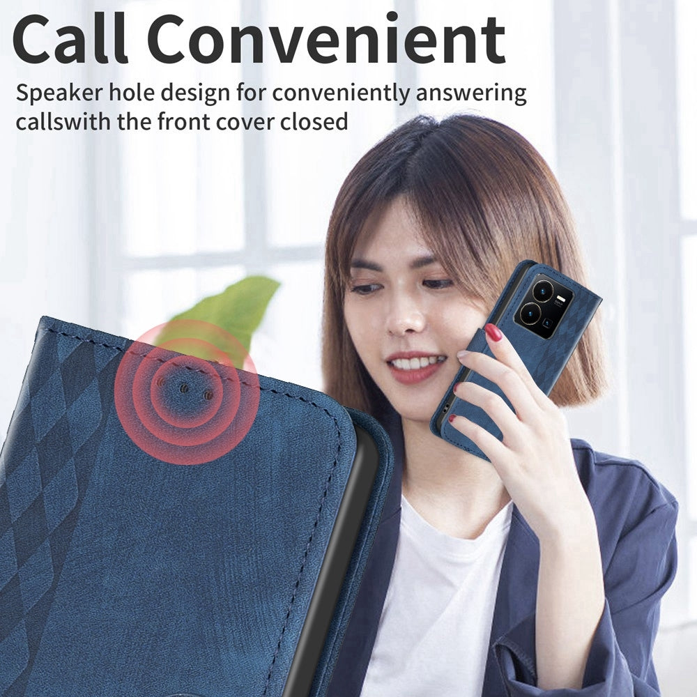 For vivo Y35 4G Case - Embossed Plaid Leather Wallet Cover with Card Slots, Kickstand, and 360 degree Protection