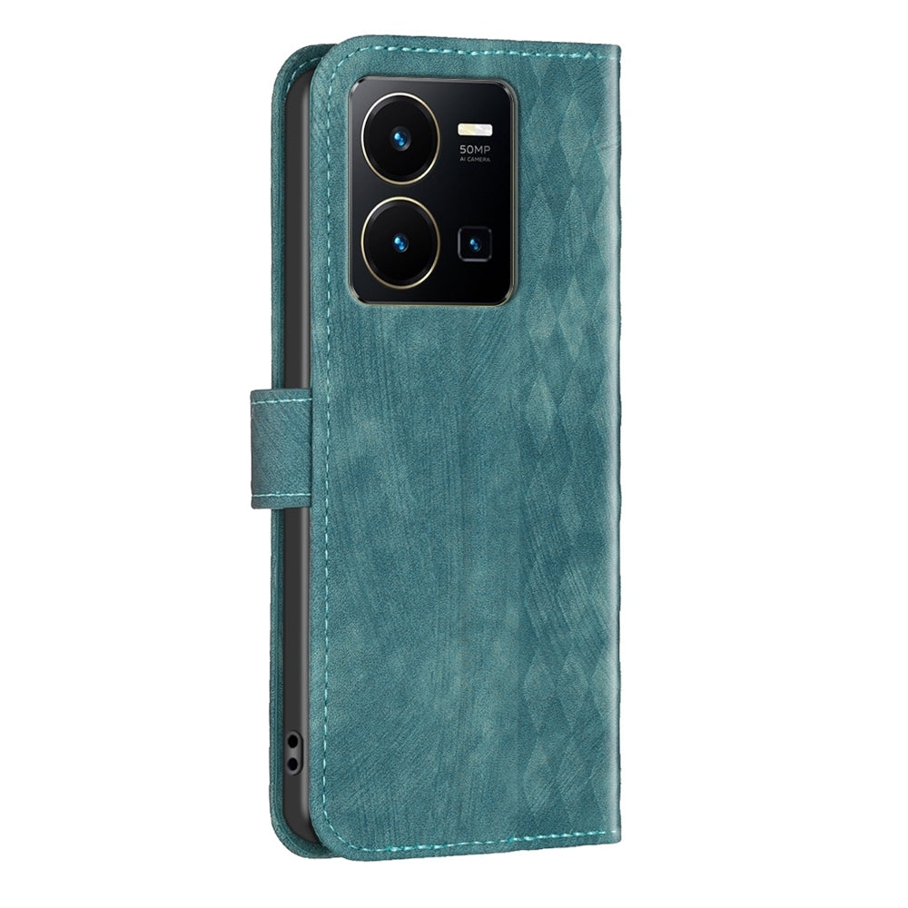 For vivo Y35 4G Case - Embossed Plaid Leather Wallet Cover with Card Slots, Kickstand, and 360 degree Protection