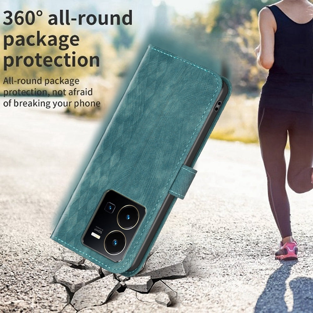 For vivo Y35 4G Case - Embossed Plaid Leather Wallet Cover with Card Slots, Kickstand, and 360 degree Protection