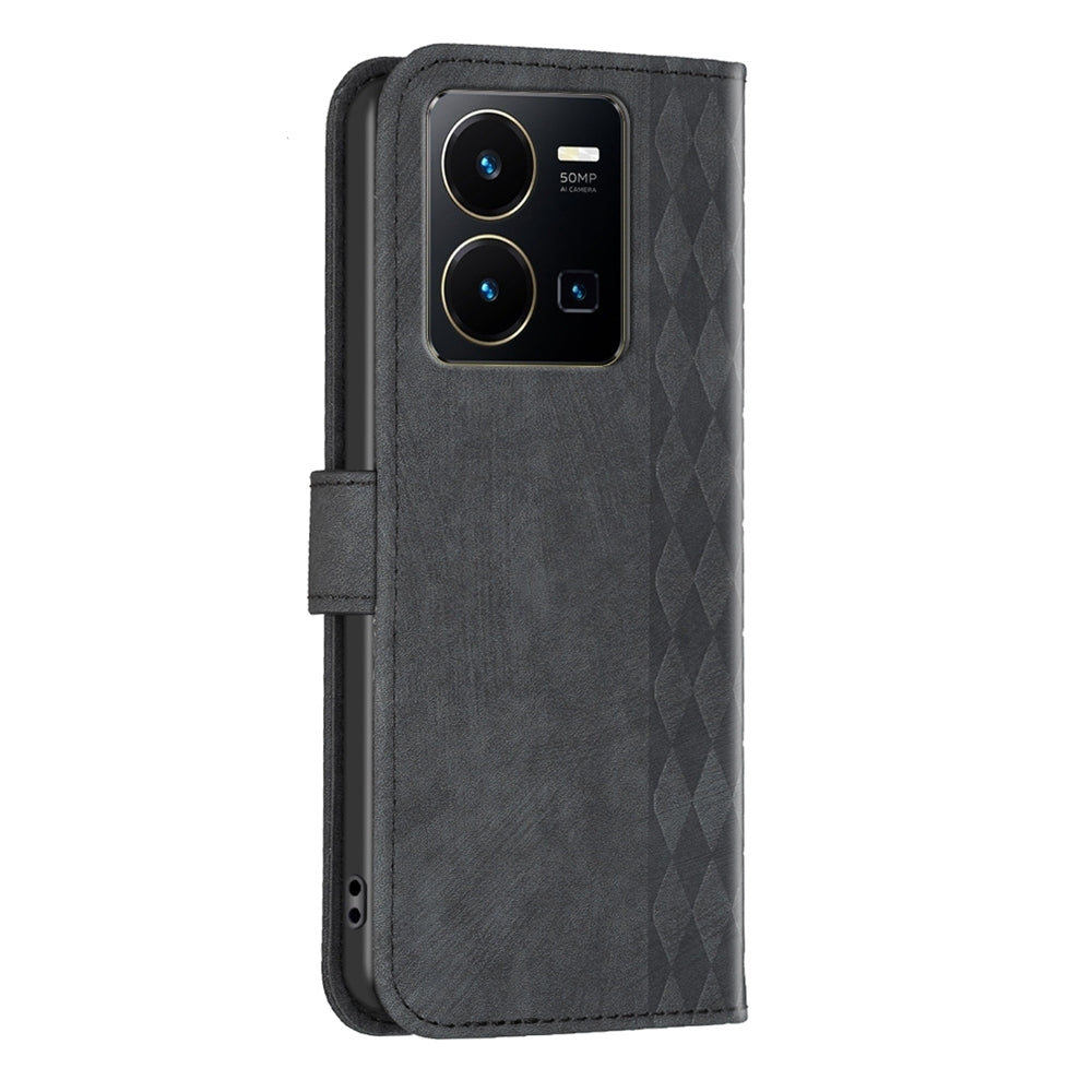 For vivo Y35 4G Case - Embossed Plaid Leather Wallet Cover with Card Slots, Kickstand, and 360 degree Protection