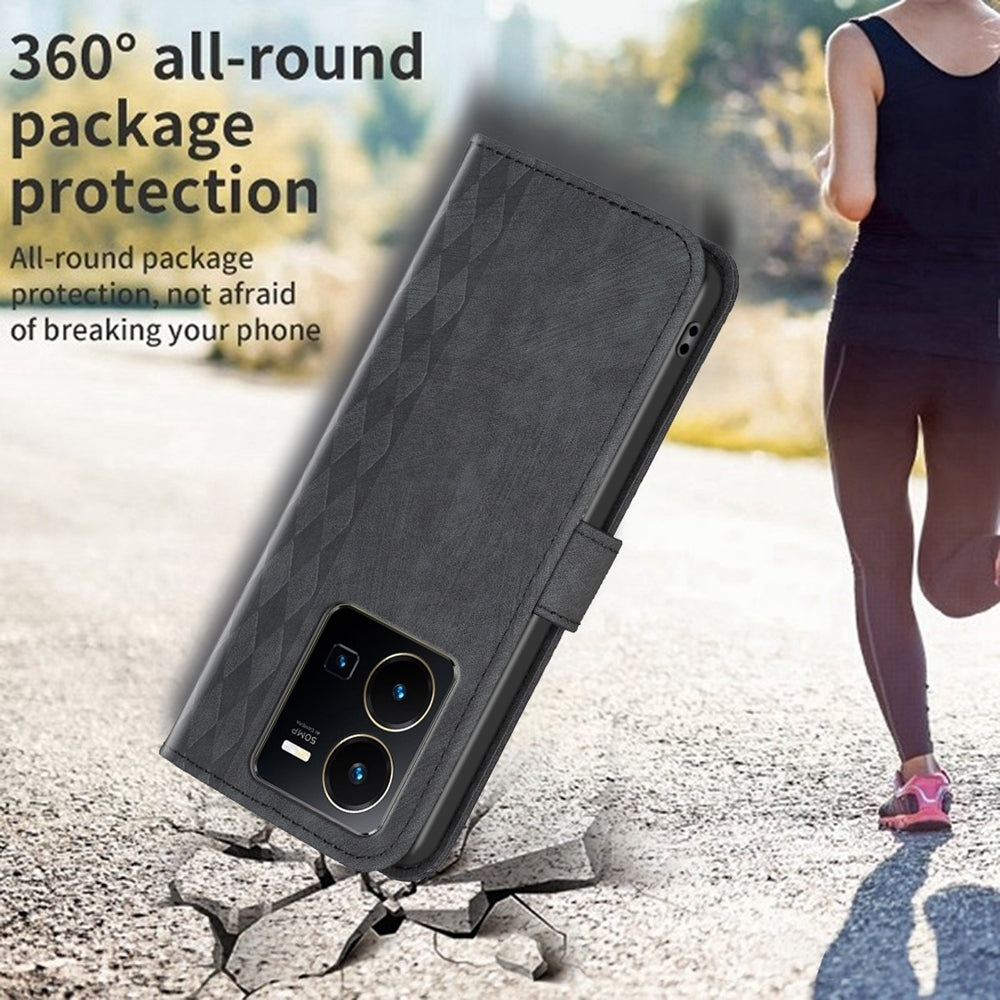 For vivo Y35 4G Case - Embossed Plaid Leather Wallet Cover with Card Slots, Kickstand, and 360 degree Protection
