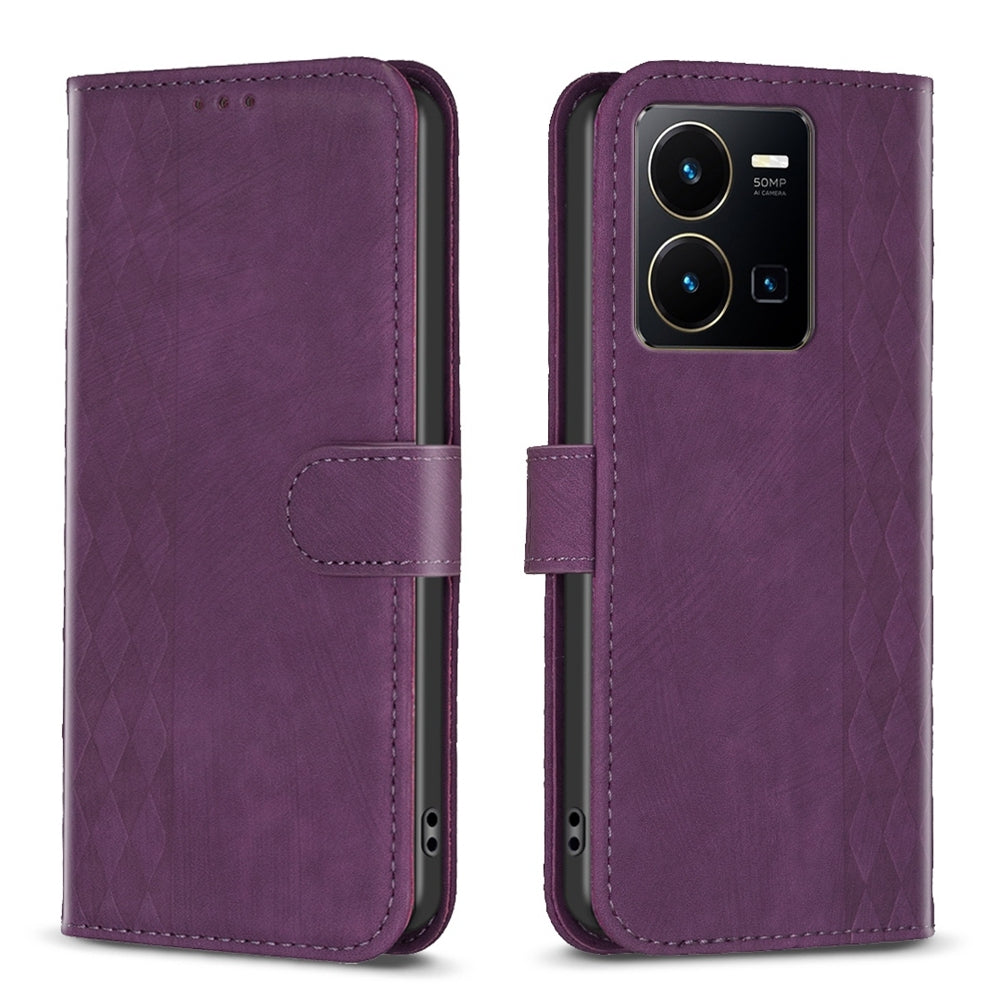 For vivo Y35 4G Case - Embossed Plaid Leather Wallet Cover with Card Slots, Kickstand, and 360 degree Protection