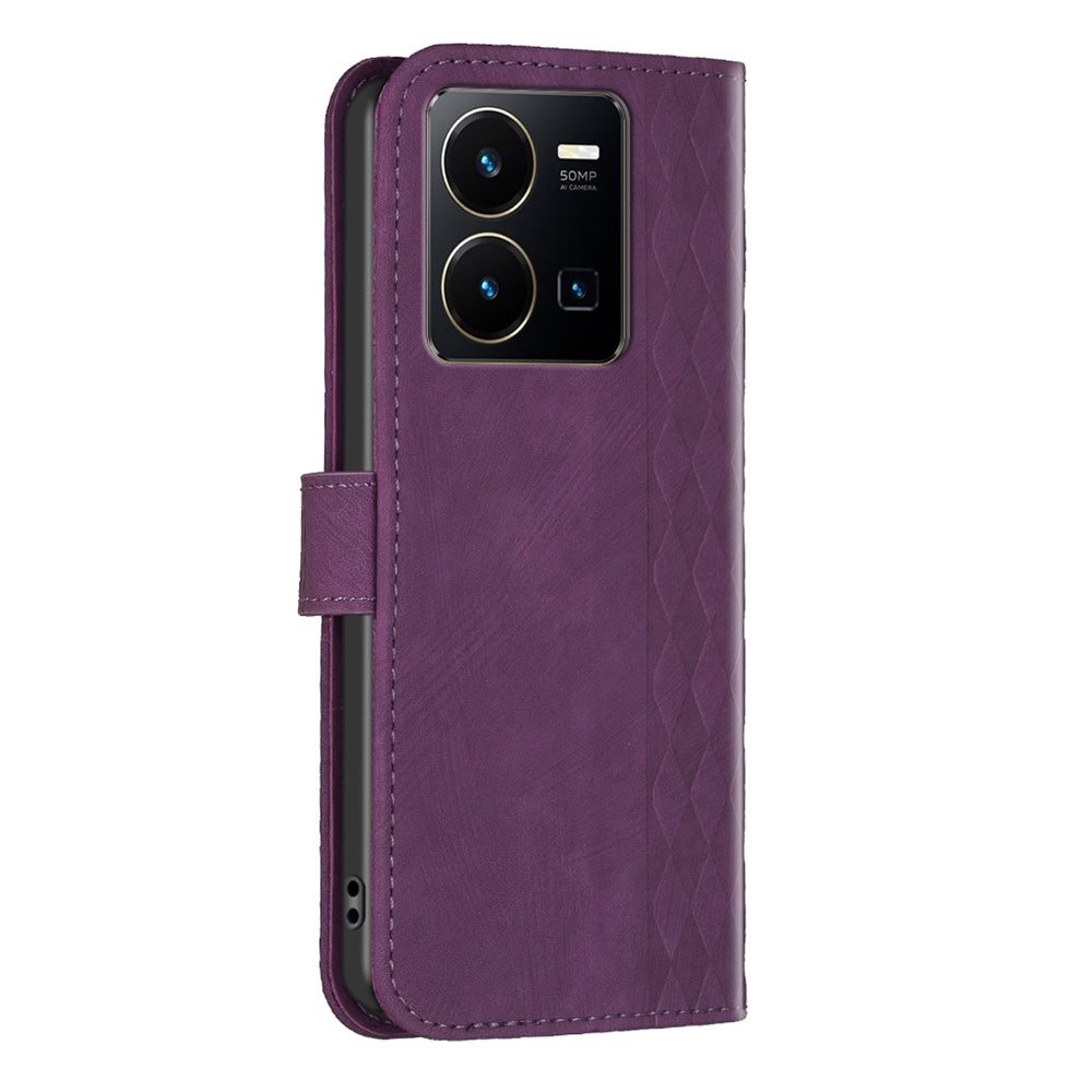 For vivo Y35 4G Case - Embossed Plaid Leather Wallet Cover with Card Slots, Kickstand, and 360 degree Protection