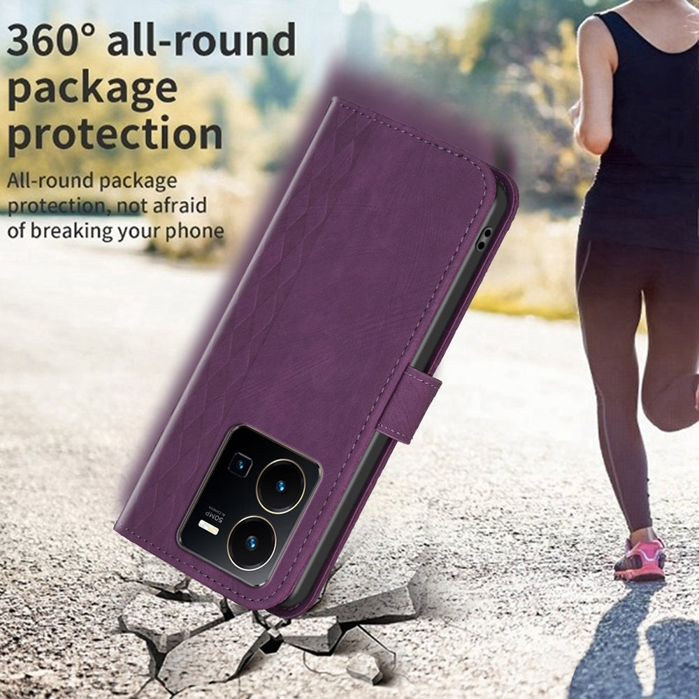 For vivo Y35 4G Case - Embossed Plaid Leather Wallet Cover with Card Slots, Kickstand, and 360 degree Protection