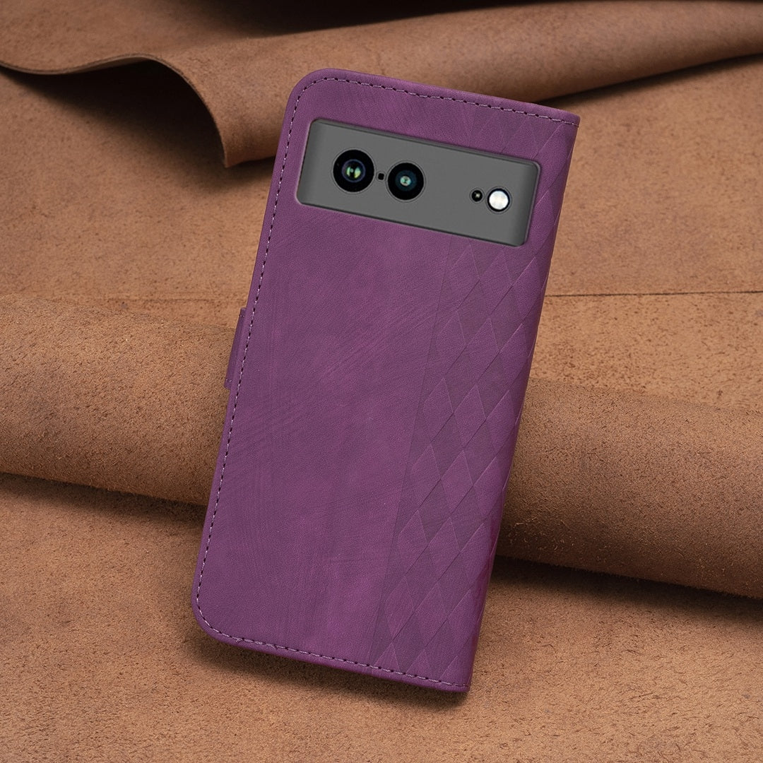 Google Pixel 7a Case - Embossed Plaid Leather Wallet Cover with Card Slots, Kickstand, and 360 degree Protection