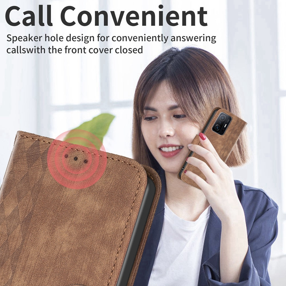 For Xiaomi 11T Pro Case - Embossed Plaid Leather Wallet Cover with Card Slots, Kickstand, and 360 degree Protection
