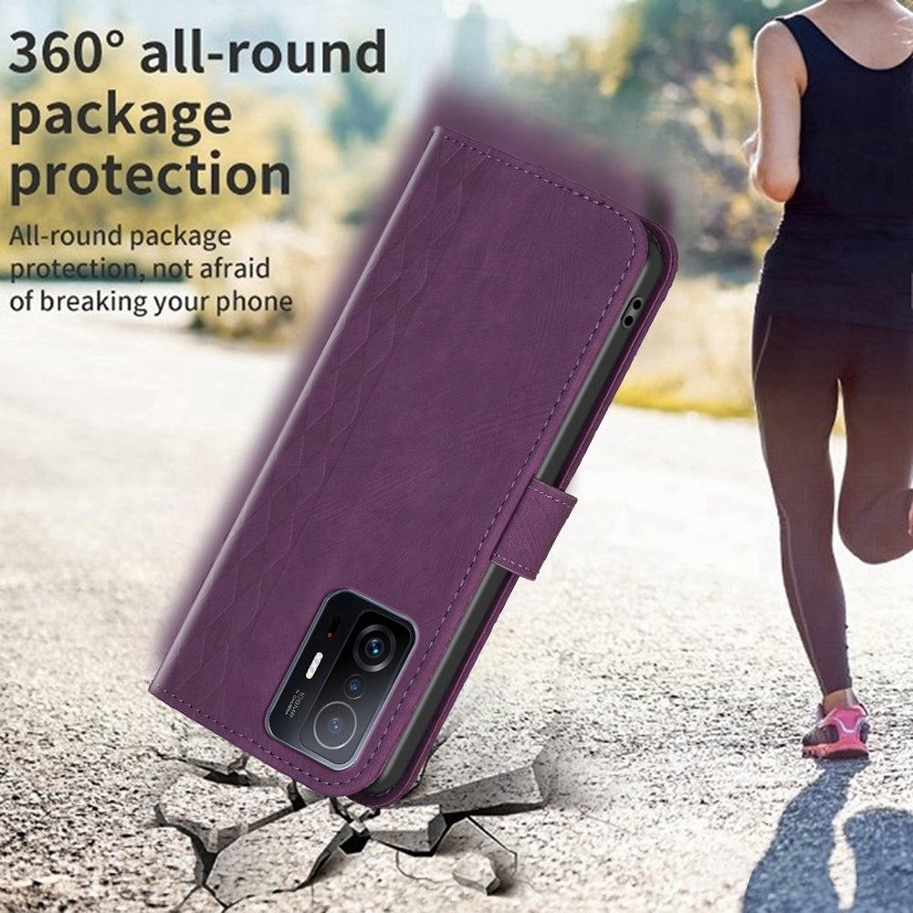 For Xiaomi 11T Case - Embossed Plaid Leather Wallet Cover with Card Slots, Kickstand, and 360 degree Protection