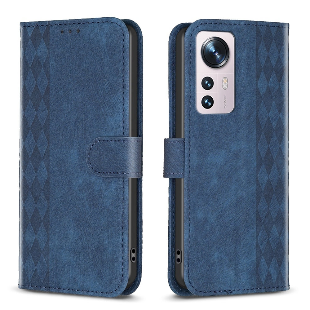 For Xiaomi 12 Case - Embossed Plaid Leather Wallet Cover with Card Slots, Kickstand, and 360 degree Protection