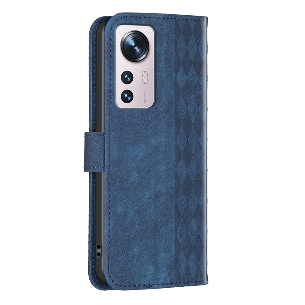 For Xiaomi 12 Case - Embossed Plaid Leather Wallet Cover with Card Slots, Kickstand, and 360 degree Protection